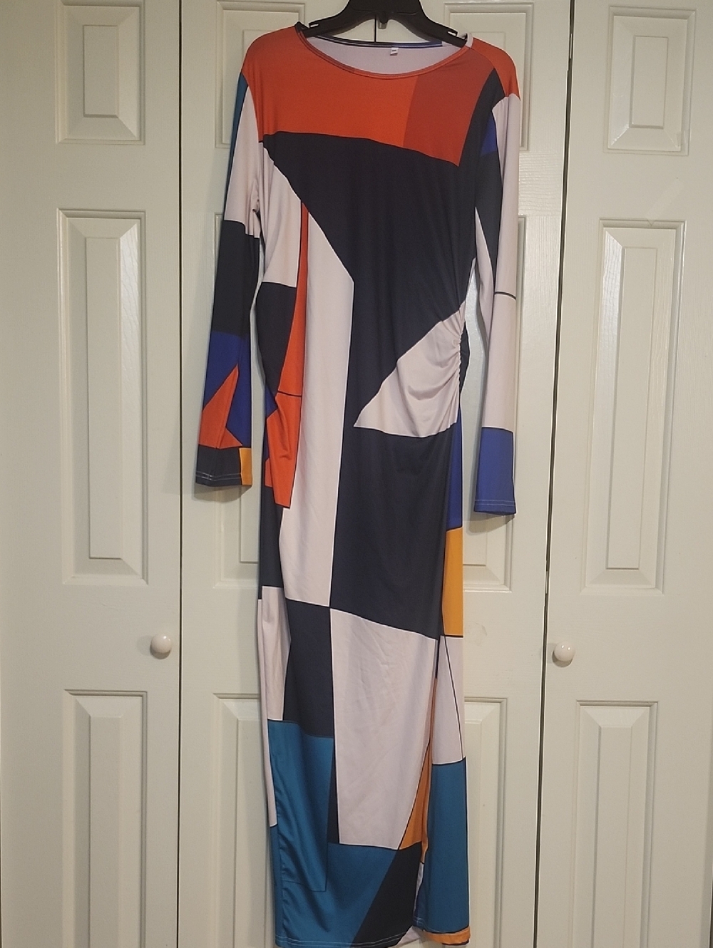 Geometric Colorblock Long Sleeve Maxi Dress - Multicolor